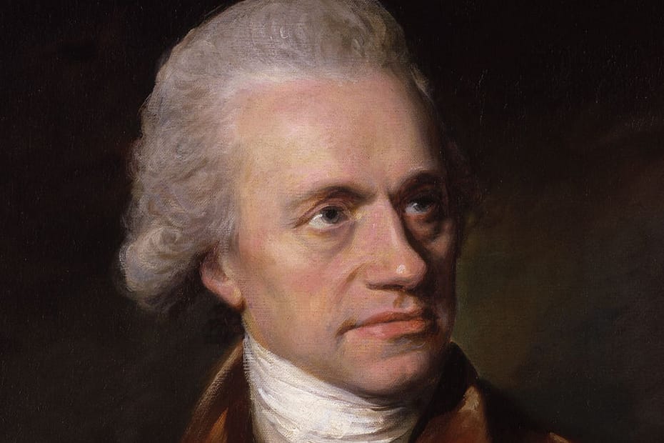 Retrato de William Herschel, com cabelos brancos e uma expressão pensativa. Ele está usando uma roupa da época, de tom marrom, típica do século XVIII, com um colete e uma camisa de colarinho alto. Seu olhar é sério e expressivo