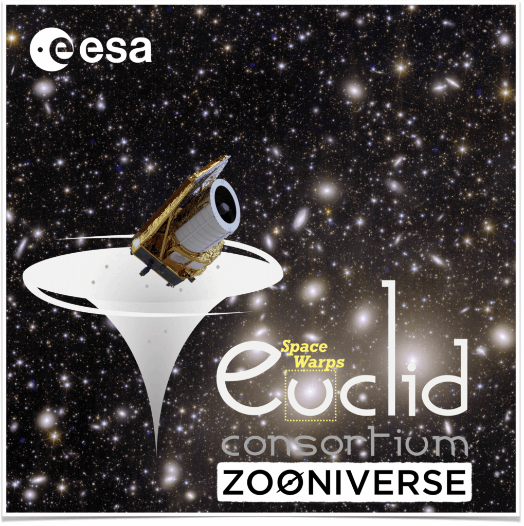 Ilustração do telescópio espacial Euclid, da ESA, posicionado acima de uma representação de distorção gravitacional no espaço, com um fundo repleto de galáxias. Na imagem, aparecem os logotipos da ESA, do projeto Space Warps, do consórcio Euclid e da plataforma Zooniverse.