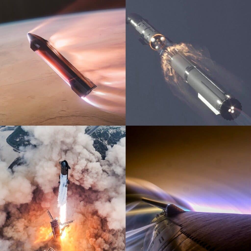 magem da Starship da SpaceX no momento pós-lançamento, com a nave ascendo através da atmosfera em direção ao espaço. O foguete deixa uma trilha de fumaça enquanto os motores acionam sua poderosa propulsão. A imagem captura o foguete em pleno voo, com a curvatura da Terra visível ao fundo, simbolizando o avanço da SpaceX em seus testes e missões espaciais. A cena transmite a emoção e a grandiosidade do lançamento, com a Starship ganhando altitude rapidamente