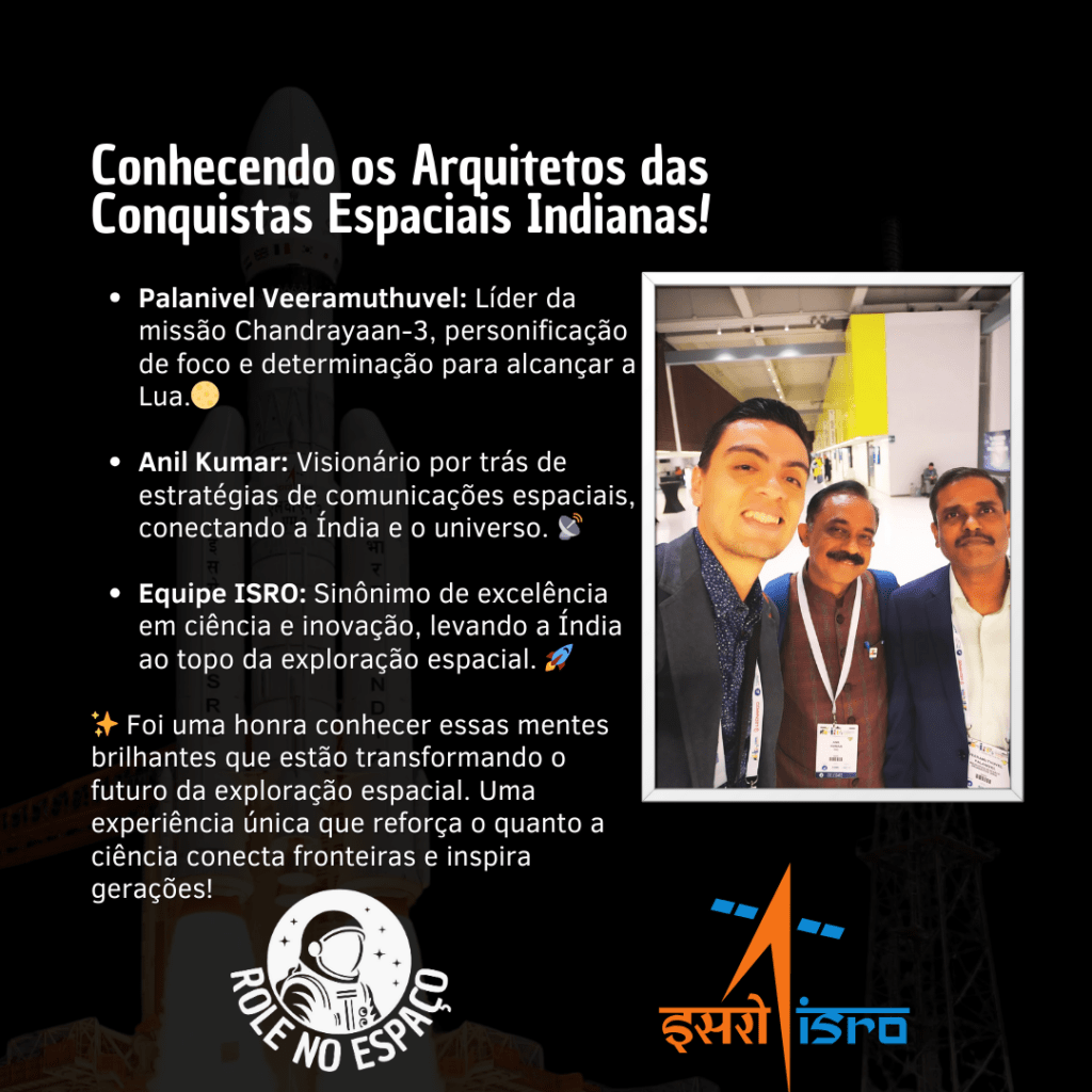 no IAC 2024, com o Criador do Blog Rol
ê no espaço ao lado de Palanivel Veeramuthuvel, diretor do programa Chandrayaan-3, e Anil Kumar, um dos líderes responsáveis pelas missões de lançamento da ISRO. Todos estão usando roupas sociais e sorrindo para a câmera, em um ambiente profissional de evento.