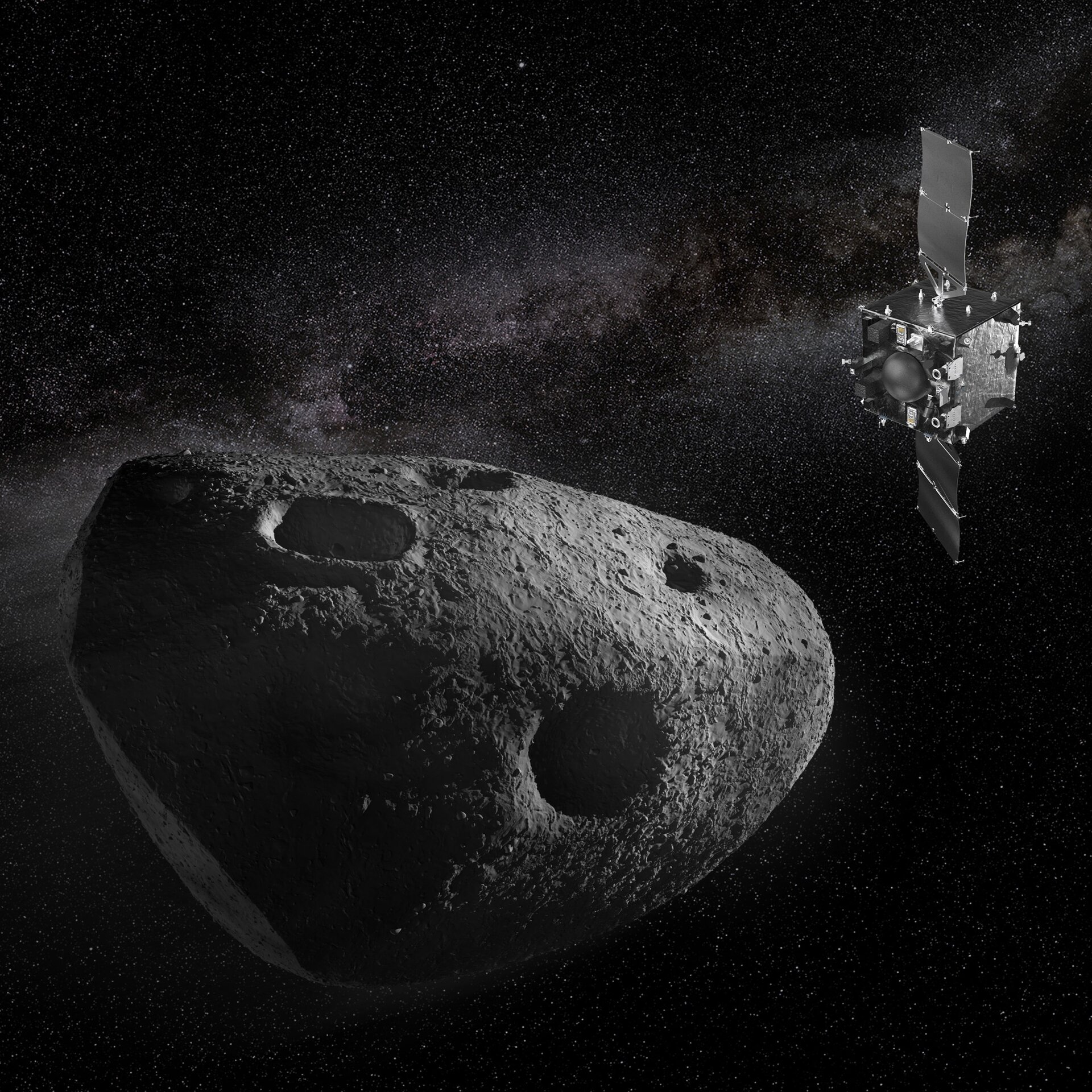Impressão artística da Missão Rapid Apophis da ESA para Segurança Espacial (Ramses).
Em julho de 2024, o programa de Segurança Espacial da ESA recebeu permissão para iniciar trabalhos preparatórios para o desenvolvimento da Ramses usando recursos já existentes. A decisão de se comprometer integralmente com a missão será tomada na reunião do Conselho Ministerial da ESA em novembro de 2025.
Se aprovada, a Ramses se encontrará com o asteroide Apophis e o acompanhará durante sua passagem extremamente rara pela Terra, prevista para abril de 2029. Pesquisadores estudarão o asteroide à medida que a gravidade da Terra altera suas características físicas. Os resultados obtidos melhorarão nossa capacidade de defender o planeta caso um objeto similar seja detectado em rota de colisão no futuro.
O projeto da Ramses será semelhante ao do detetive de asteroides Hera, da ESA, que será lançado ainda este ano em missão ao sistema binário de asteroides Didymos. Assim como a Hera, espera-se que a Ramses transporte dois CubeSats que serão lançados a partir da nave principal após sua chegada ao asteroide.
Esta é uma visualização inicial e não representa com precisão o design final da espaçonave Ramses.
