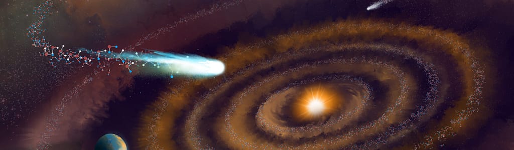 Ilustração artística mostrando um cometa liberando moléculas de água pesada em um disco protoplanetário ao redor de uma jovem estrela, representando a descoberta de água pesada no espaço por astrônomos.