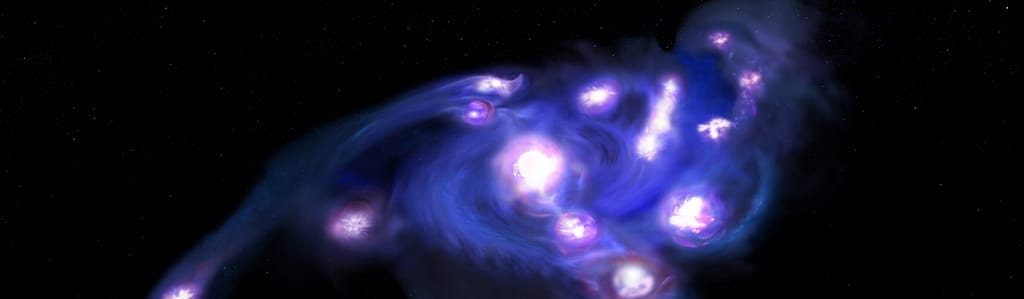 Uma ilustração artística da galáxia “Uvas Cósmicas”, composta por pelo menos 15 aglomerados massivos de formação estelar — muito mais do que os modelos teóricos atuais preveem que poderiam existir dentro de um único disco em rotação nesse período inicial do universo. Crédito: NSF/AUI/NSF NRAO/B. Saxton