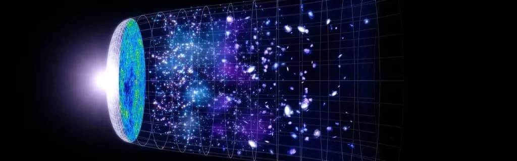 Representação artística do Big Bang, ilustrando o evento primordial e a linha do tempo do universo até o presente momento. A imagem destaca a radiação cósmica de fundo (CMB) e mostra a evolução do universo desde a explosão inicial até a formação das estrelas e galáxias, culminando no estado atual do cosmos.