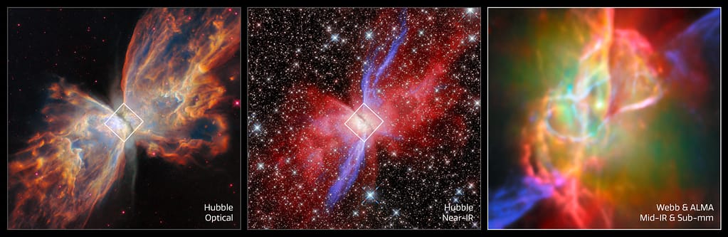 Este conjunto de imagens apresenta três visões da Nebulosa Borboleta, incluindo uma visão óptica e em infravermelho próximo obtida pelo Hubble (à esquerda e no centro) e a imagem mais recente do Webb/ALMA. Crédito: ESA/Webb, NASA & CSA, M. Matsuura, J. Kastner, K. Noll, ALMA (ESO/NAOJ/NRAO), N. Hirano, J. Kastner, M. Zamani (ESA/Webb)