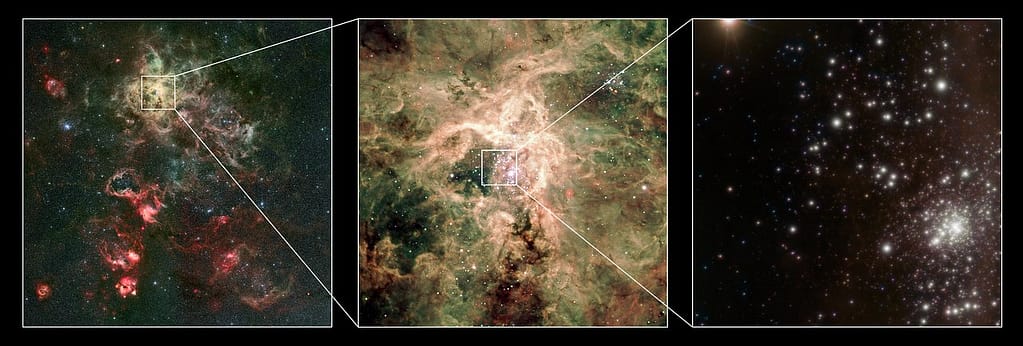 Usando uma combinação de instrumentos do Very Large Telescope (VLT) do ESO, astrônomos descobriram as estrelas mais massivas já conhecidas, algumas com massa inicial superior a 300 vezes a do Sol, ou seja, duas vezes o limite atualmente aceito de 150 massas solares.
A mais extrema dessas estrelas foi encontrada no aglomerado RMC 136a (mais conhecido como R136). Batizada de R136a1, ela possui atualmente 265 vezes a massa do Sol. Com pouco mais de um milhão de anos, R136a1 já é considerada “meia-idade” e passou por um intenso processo de perda de massa, eliminando um quinto de sua massa inicial nesse período — mais de cinquenta massas solares. A estrela também possui a maior luminosidade conhecida, cerca de 10 milhões de vezes maior que a do Sol.
O R136 é um aglomerado de estrelas jovens, massivas e quentes, localizado dentro da Nebulosa Tarântula, em uma das galáxias vizinhas da Via Láctea, a Grande Nuvem de Magalhães, a 165 mil anos-luz de distância. O aglomerado contém tantas estrelas que, em uma escala equivalente à distância entre o Sol e a estrela mais próxima, haveria dezenas de milhares de estrelas. Centenas dessas estrelas são tão brilhantes que, se estivéssemos em um planeta (hipotético) no centro do aglomerado, o céu nunca escureceria.
Esta montagem mostra:
À esquerda: imagem em luz visível da Nebulosa Tarântula capturada pelo Wide Field Imager no telescópio MPG/ESO de 2,2 metros;
No meio: imagem em luz visível com zoom do Very Large Telescope;
À direita: nova imagem do aglomerado R136, obtida com o instrumento de óptica adaptativa MAD no VLT em infravermelho próximo, com o aglomerado no canto inferior direito.
A imagem do MAD revela detalhes únicos sobre o conteúdo estelar do aglomerado, permitindo estudar as estrelas mais massivas e brilhantes do Universo.