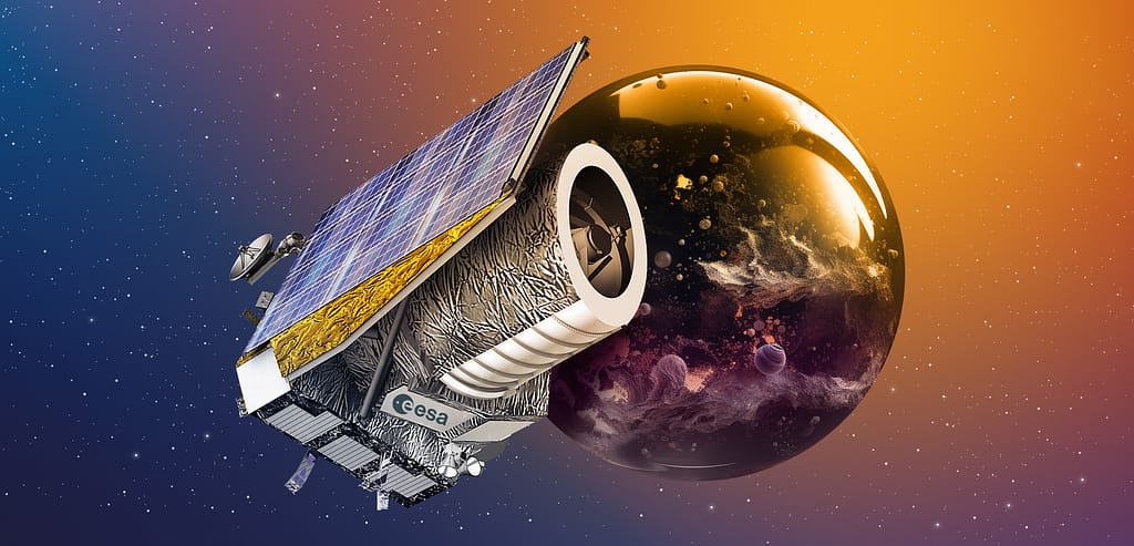 Ilustração Campos Profundos Observados pelo Euclid da ESA flutuando no espaço com seu painel solar em destaque, apontando para uma esfera cósmica vibrante que representa o universo escuro, repleta de nebulosas e exoplanetas ao fundo.
