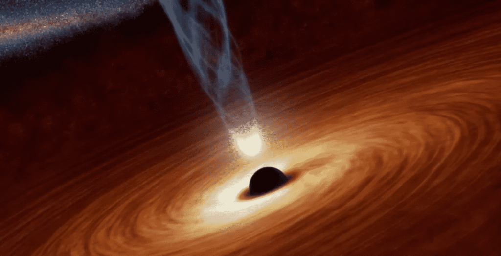 Representação artística de um buraco negro supermassivo, com seu disco de acreção brilhante em tons alaranjados e linhas de força ao redor. O intenso campo gravitacional curva a luz ao seu redor, criando a icônica silhueta escura no centro. Essas cósmicas como Buracos Negros Supermassivos são essenciais para entender a evolução das galáxias e os mistérios do universo.