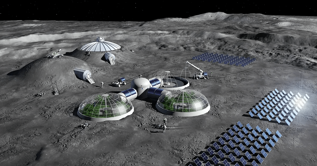 base lunar futurística na Lua, com astronautas trabalhando em campos de plantação localizados em domos de vidro, protegendo as culturas do ambiente hostil. Ao fundo, painéis solares geram energia para a estação, enquanto veículos de transporte lunar se movem ao redor da base, criando um cenário de habitação e agricultura autossustentável no espaço. A imagem reflete a visão de uma colônia humana na Lua, mostrando inovação e adaptação à vida fora da Terra.