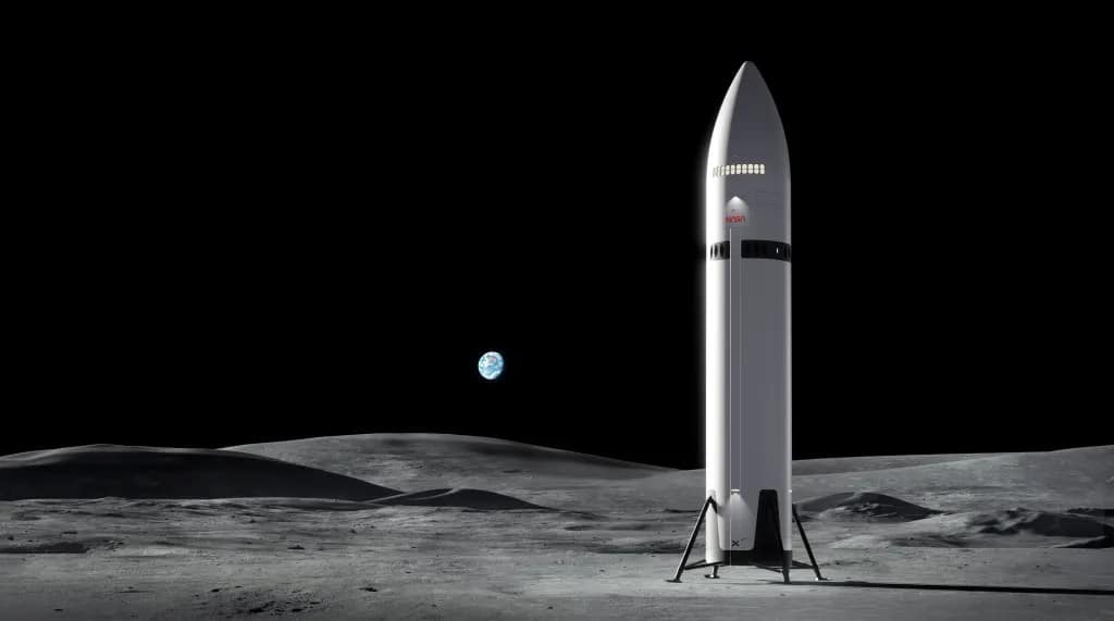 Representação artística do módulo de pouso humano da SpaceX, projetado para a missão Artemis 3, pousado na superfície da Lua. O módulo tem estrutura metálica com pernas de pouso estendidas. Ao fundo, a Terra aparece visível no céu lunar.