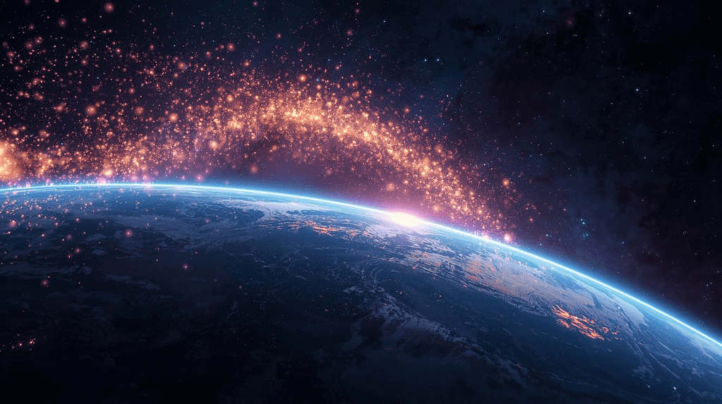 Ilustração digital mostrando neutrinos cósmicos atravessando o espaço profundo, passando por galáxias e estrelas até alcançarem a Terra, simbolizando partículas subatômicas extremamente energéticas.