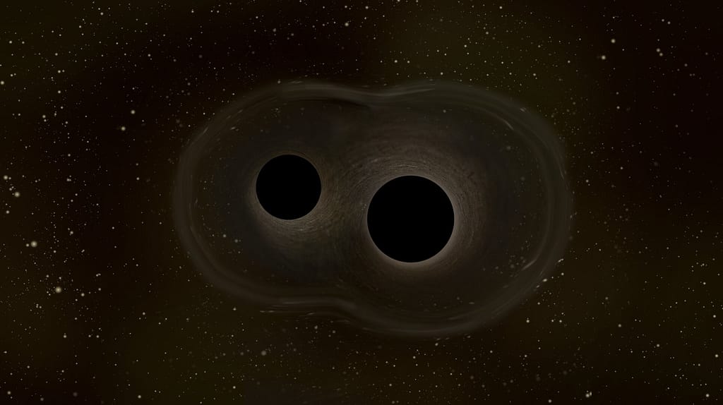 Ilustração artística de dois buracos negros colidindo, liberando ondas gravitacionais no espaço.