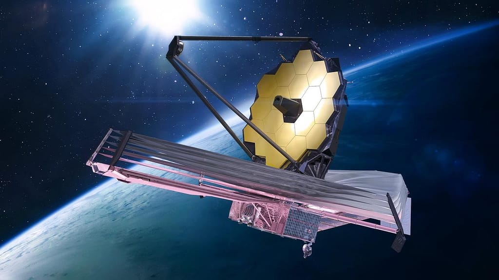 Representação artística do Telescópio Espacial James Webb no espaço, com seus espelhos dourados refletindo a luz do cosmos. Projetado para explorar o universo profundo, o James Webb busca descobrir novos exoplanetas, estudar galáxias distantes e revelar detalhes sobre a formação das primeiras estrelas.