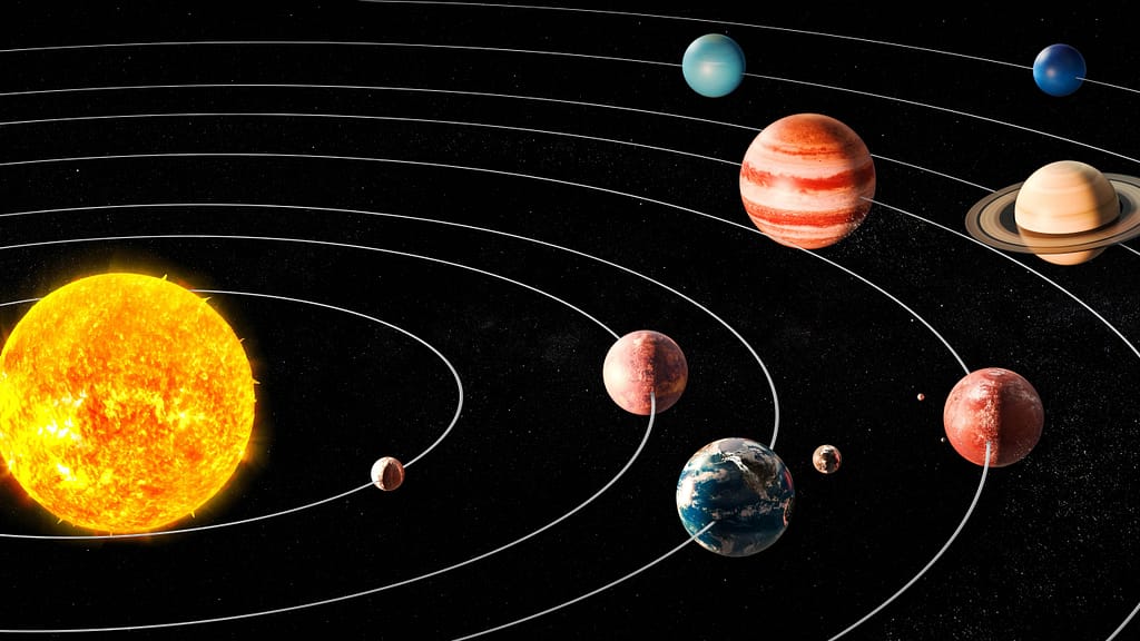 Representação artística detalhada do sistema solar, com planetas vibrantes em suas cores características, incluindo Saturno com seus anéis, Júpiter com as faixas de nuvens e outros planetas, destacando as órbitas e as características únicas de cada um