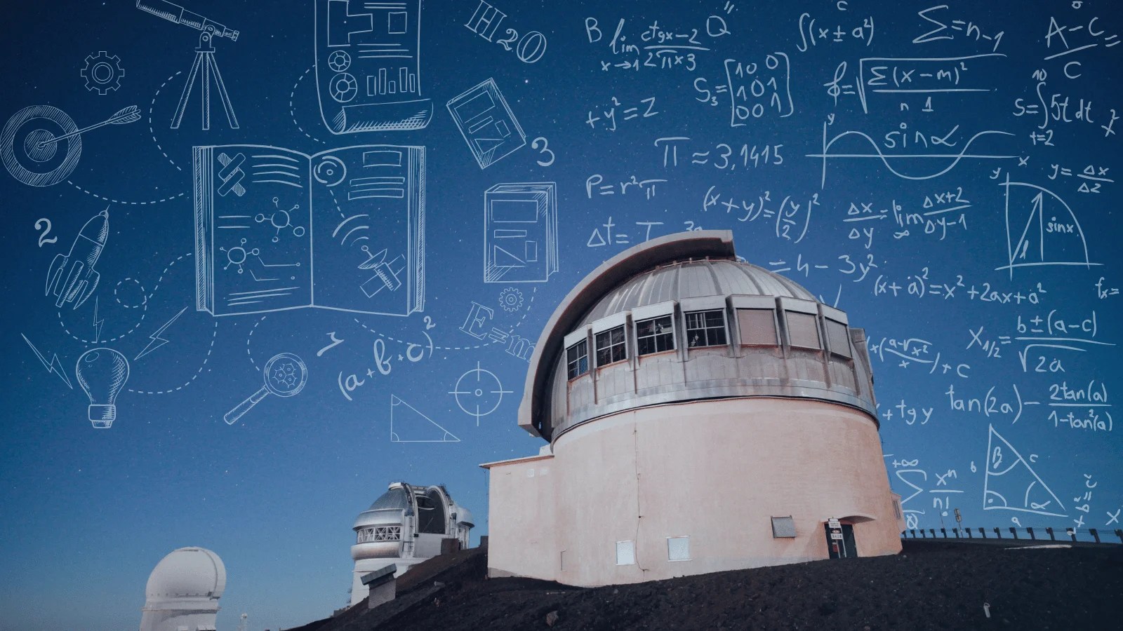 grandes telescópios localizados no topo de montanhas, com o céu coberto por dados, rabiscos de física e matemática, e um telescópio de observação em destaque, representando os ramos da astronomia e avanços no estudo do universo