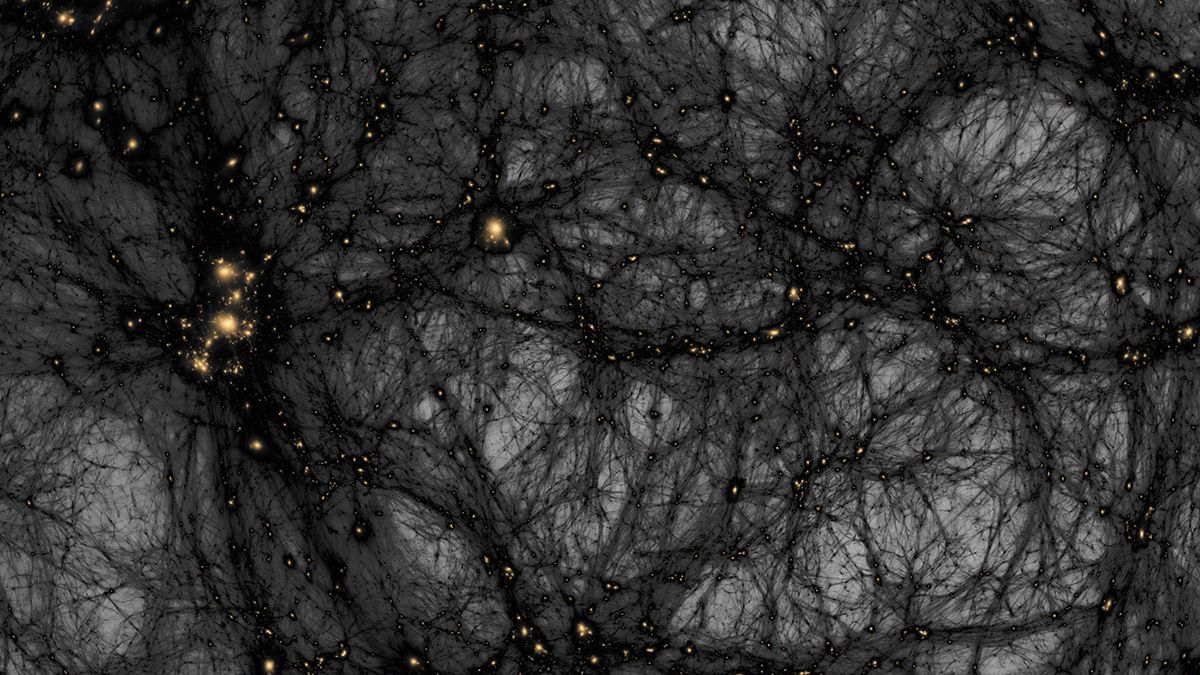 Representação gráfica da matéria escura como uma vasta teia cósmica, ilustrando sua presença invisível no universo. A matéria escura é uma substância misteriosa que compõe grande parte do universo, influenciando a estrutura galáctica e a formação de galáxias. A imagem mostra como a matéria escura interage com a matéria visível e a energia escura, essenciais para o entendimento da cosmologia.