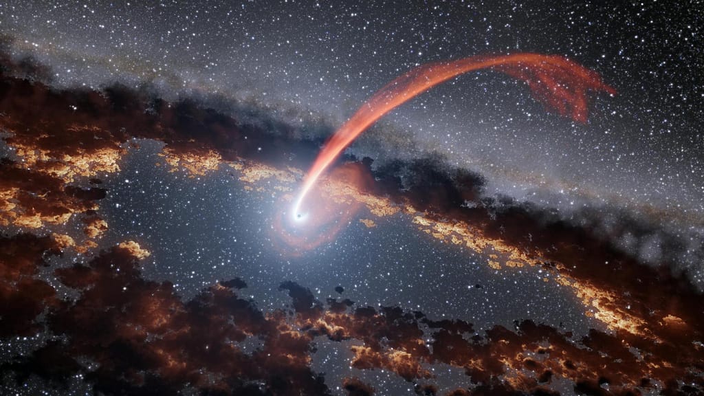 Esta ilustração mostra um fluxo brilhante de material vindo de uma estrela enquanto ela está sendo devorada por um buraco negro supermassivo. Quando uma estrela passa a uma certa distância de um buraco negro — próxima o suficiente para ser perturbada gravitacionalmente — o material estelar é esticado e comprimido enquanto cai para dentro do buraco negro. um incrível evento onde buracos negros devoram estrelas