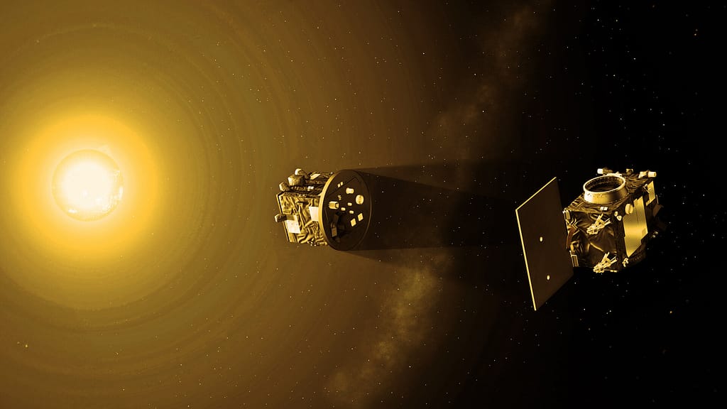 As duas espaçonaves da missão Proba-3 voam em formação precisa, a cerca de 150 metros de distância uma da outra, para formar um coronógrafo externo no espaço. Uma espaçonave oculta o Sol, permitindo que a outra estude a coroa solar, que normalmente é invisível.
