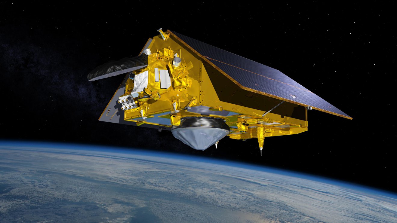 Nesta ilustração, a espaçonave Sentinel-6 Michael Freilich, o mais recente satélite de monitoramento do nível do mar do mundo, orbita a Terra com seus painéis solares estendidos.