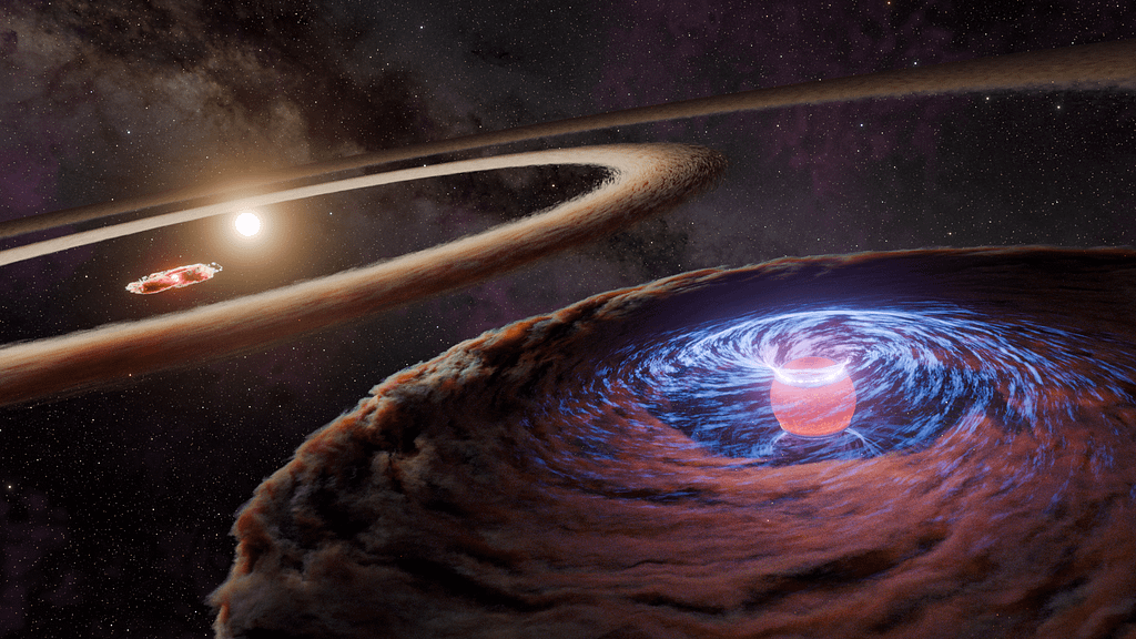 Este conceito artístico mostra o protoplaneta WISPIT 2b acumulando matéria enquanto orbita sua estrela, WISPIT 2.