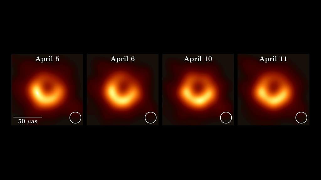 Imagem do buraco negro da galáxia M87 capturada em 6 de abril de 2017 pelo Event Horizon Telescope, mostrando a estrutura inicial do anel de luz ao redor da sombra. Segunda imagem do buraco negro M87 registrada em 7 de abril de 2017 pelo Event Horizon Telescope, revelando leve mudança na distribuição de brilho no anel de luz. Imagem do buraco negro M87 em 8 de abril de 2017, mostrando variações sutis na forma do anel luminoso, observadas pelo Event Horizon Telescope. Buraco negro da galáxia M87 em 9 de abril de 2017; a imagem destaca a assimetria crescente no anel de luz, evidência de dinâmica do plasma ao redor do horizonte de eventos. Imagem do buraco negro capturada em 10 de abril de 2017, pelo Event Horizon Telescope, demonstrando mudanças temporais na intensidade do brilho da estrutura circular. Última imagem da sequência temporal do buraco negro M87 registrada em 11 de abril de 2017, indicando continuidade nas flutuações do anel de luz ao redor da sombra central.