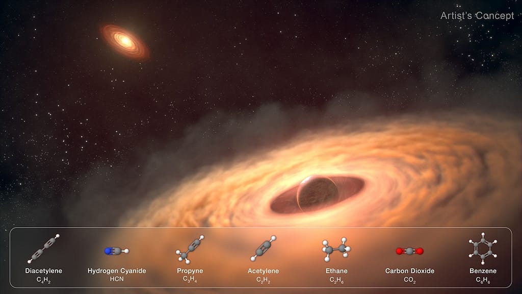 Uma representação artística de um disco de poeira e gás em torno do jovem exoplaneta CT Cha b, a 625 anos-luz da Terra. Dados espectroscópicos do Telescópio Espacial James Webb da NASA sugerem que o disco contém as matérias-primas para a formação de luas: diacetileno, cianeto de hidrogênio, propino, acetileno, etano, dióxido de carbono e benzeno.