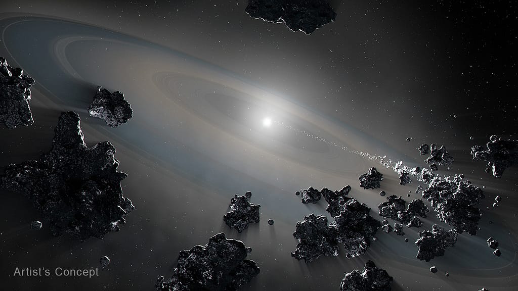 Ilustração artística de uma anã branca com 3 bilhões de anos, que está acretando material dos restos de seu antigo sistema planetário. Instabilidades gravitacionais fizeram com que um planeta sobrevivente espiralasse para dentro, sendo despedaçado por intensas forças de maré e formando um disco de detritos ao seu redor. A análise espectroscópica de sua atmosfera revelou a presença desses fragmentos planetários, oferecendo uma janela única para o destino dos mundos após a morte de suas estrelas.
Créditos: NASA, ESA, Joseph Olmsted (STScI)