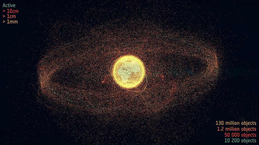 Uma impressionante imagem do curta-documentário da ESA “Space Debris: Is it a Crisis?” (Lixo Espacial: É uma Crise?), sobre o estado atual dos detritos espaciais, que estreou na 9ª Conferência Europeia sobre Lixo Espacial em 1º de abril de 2025. A Terra está cercada por milhares de satélites que realizam trabalhos essenciais — fornecendo serviços de telecomunicação e navegação, ajudando-nos a compreender o clima e a responder a questões fundamentais sobre o Universo. No entanto, à medida que o uso do espaço acelera como nunca antes, esses satélites passam a navegar em órbitas cada vez mais congestionadas, em um ambiente cruzado por fluxos de fragmentos de detritos que se movem em alta velocidade — resultado de colisões, fragmentações e destruições no espaço. A representação colorida dos detritos na imagem mostra a quantidade de objetos de diferentes tamanhos, além dos satélites ativos modelados em órbita ao redor da Terra em agosto de 2024. Cada fragmento tem o potencial de danificar outros satélites, alimentando o temor de que uma cascata de colisões possa, eventualmente, tornar algumas órbitas terrestres inutilizáveis. Além disso, ainda não se sabe ao certo a extensão dos danos causados pelo aumento drástico no número de lançamentos e de objetos que reentram em nossa atmosfera e oceanos.