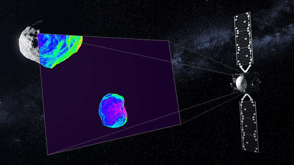 Ilustração da missão Hera da ESA estudando o sistema binário de asteroides Didymos e Dimorphos, com seus CubeSats Milani e Juventas em órbita, focada em defesa planetária e exploração espacial.