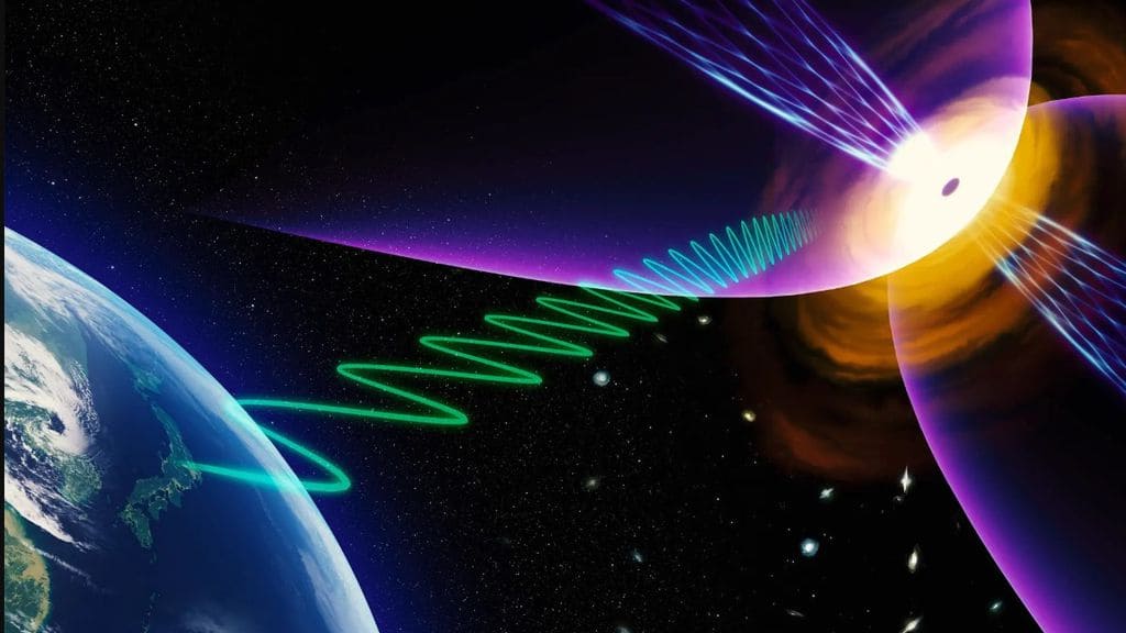 Representação da radioastronomia com a Terra, o espaço e ondas de rádio, destacando um buraco negro distante.