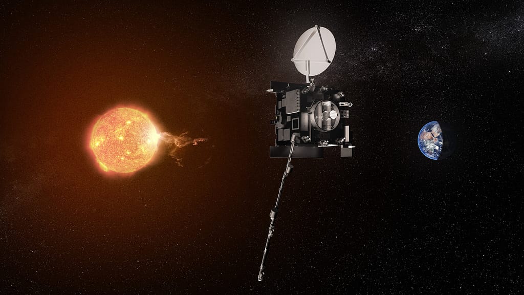 Ilustração mostrando o satélite Vigil da ESA posicionado no ponto de Lagrange L5, observando o Sol de uma perspectiva lateral. A imagem destaca como o Vigil consegue “ver ao redor” do Sol, detectando tempestades solares e ejeções de massa coronal dias antes de atingirem a Terra.