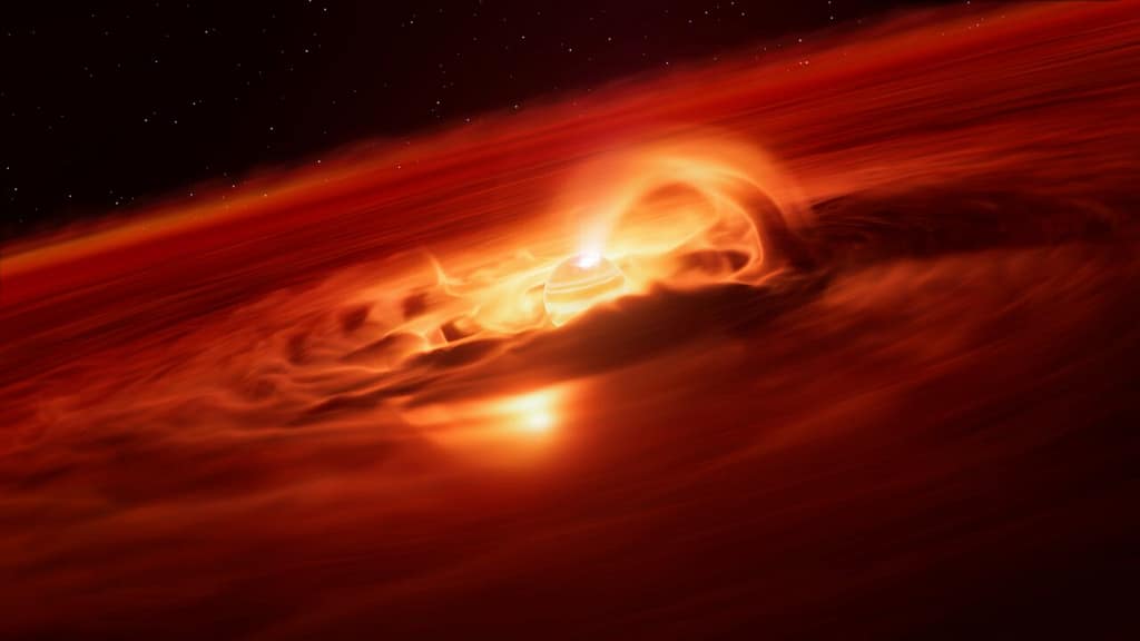 Esta ilustração artística mostra Cha 1107-7626, um planeta errante localizado a cerca de 620 anos-luz de distância. Ele possui entre 5 e 10 vezes a massa de Júpiter e não orbita nenhuma estrela. O planeta está absorvendo material de um disco ao seu redor e, usando o Very Large Telescope (VLT) do ESO, astrônomos descobriram que ele faz isso a uma taxa de seis bilhões de toneladas por segundo — a mais rápida já registrada para qualquer tipo de planeta. A equipe suspeita que campos magnéticos intensos estejam canalizando o material em direção ao planeta, um fenômeno até então observado apenas em estrelas. Quando esse material em queda atinge a superfície, ele aquece intensamente a região, criando uma mancha brilhante. O espectrógrafo X-shooter do VLT detectou um aumento de brilho em meados de 2025, revelando uma assinatura clara de que isso foi causado pelo gás em queda. As observações mostram que o planeta está agora acumulando matéria cerca de oito vezes mais rápido do que alguns meses antes.