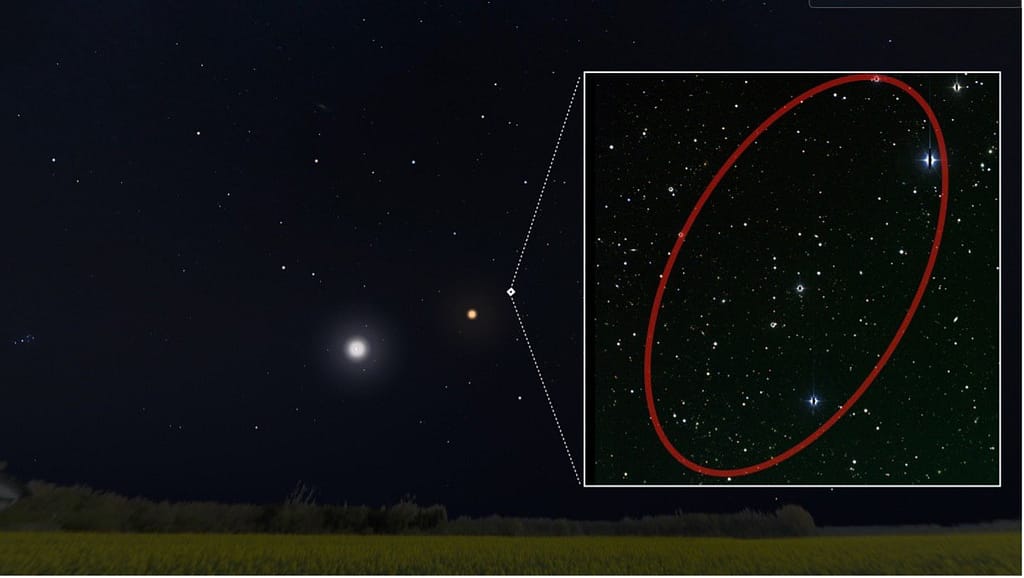 Direção de chegada de um evento múltiplo de neutrinos de alta energia determinado pelo experimento IceCube, sobreposta ao céu noturno visível (gerado com Stellarium). O painel direito mostra uma imagem óptica ampliada da mesma região. A elipse vermelha indica a incerteza de 1σ estimada pelo IceCube.
Créditos: ©Stellarium, Zwicky Transient Facility
