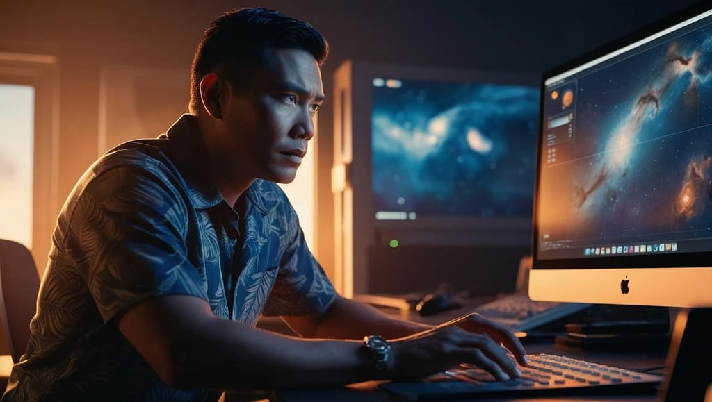 Adulto de origem oriental em um laboratório de astronomia, usando uma camisa azul com desenhos de folhas, sentado em frente a um computador, analisando dados detalhados de uma galáxia e ajudando o mundo entender o que é astronomia