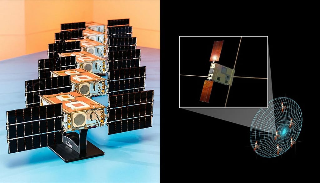 O SunRISE da NASA é composto por seis pequenos satélites, vistos à esquerda alinhados em uma sala limpa, com os painéis solares implantados. Eles voarão em formação, como representado na ilustração artística à direita, funcionando como um único grande radiotelescópio em órbita da Terra.