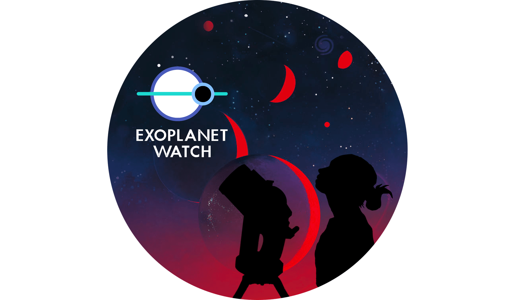 Logotipo do Exoplanet Watch. Em um fundo branco, um gráfico simples aparece acima das palavras 'Exoplanet Watch'. O gráfico consiste em um grande círculo roxo com uma faixa horizontal verde atravessando seu meio e se estendendo bem além do círculo. Na interseção do círculo roxo com a linha verde, no lado direito, há outro círculo, este em azul claro. O círculo roxo representa uma estrela, o círculo azul claro um exoplaneta em órbita, e a linha verde o traçado da órbita do exoplaneta.