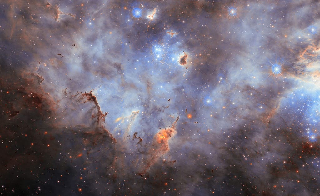 As estrelas em um aglomerado estelar brilham em azul intenso, com picos de difração de quatro pontas irradiando a partir delas. No centro, vê-se um pequeno e denso grupo de estrelas, enquanto um grupo maior é parcialmente visível no lado direito da imagem. A nebulosa é composta principalmente de espessas nuvens de gás com aparência esfumaçada, iluminadas em tons de azul pelas estrelas. Acúmulos de poeira flutuam diante e ao redor das estrelas; são em sua maioria escuros, mas iluminados em suas bordas, onde a luz estelar os corrói.