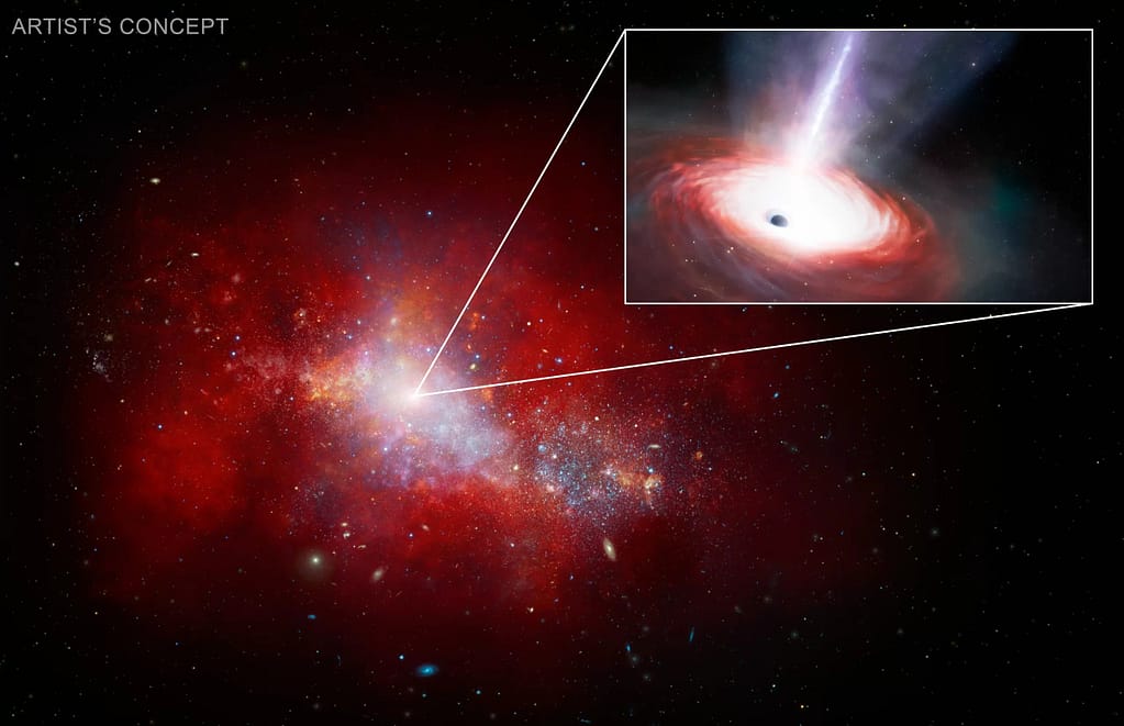Esta ilustração mostra uma galáxia anã vermelha do universo inicial que hospeda um buraco negro de rápida alimentação em seu centro. Usando dados do Telescópio Espacial James Webb da NASA e do Observatório de Raios X Chandra, uma equipe de astrônomos descobriu este buraco negro supermassivo de baixa massa no centro de uma galáxia apenas 1,5 bilhão de anos após o Big Bang. Ele está puxando matéria a uma taxa fenomenal — mais de 40 vezes o limite teórico. Embora de curta duração, o "banquete" deste buraco negro pode ajudar os astrônomos a explicar como os buracos negros supermassivos cresceram tão rapidamente no universo inicial.