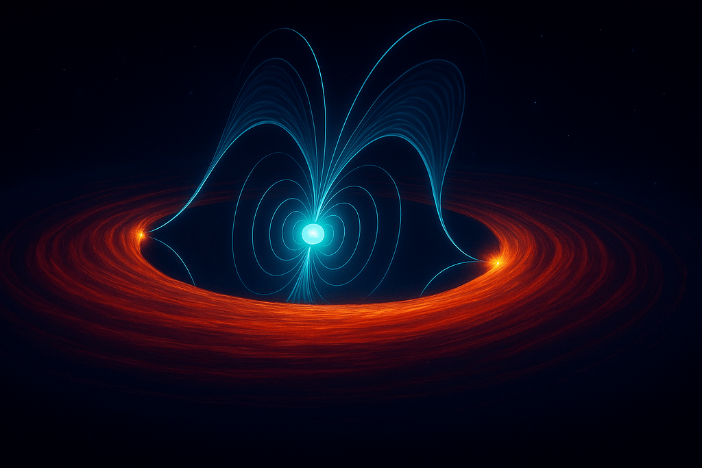 Ilustração artística retratando as regiões centrais do sistema binário PSR J1023+0038, incluindo o pulsar, o disco de acreção interno e o vento do pulsar.
Crédito: Marco Maria Messa, Universidade de Milão/INAF-OAB; Maria Cristina Baglio, INAF-OAB