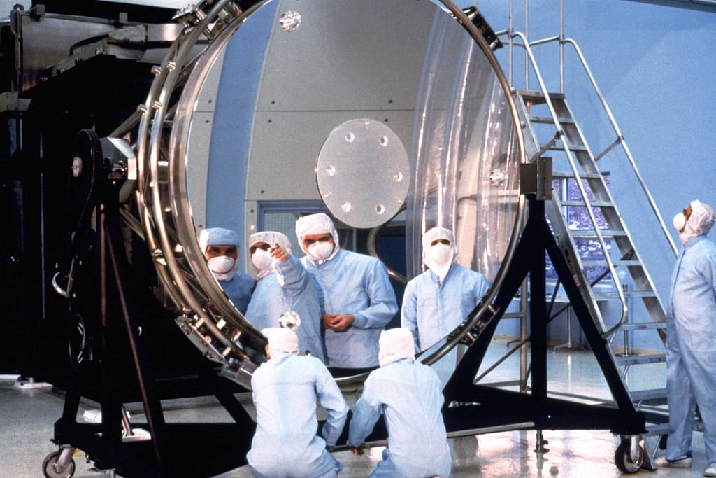 alt="Engenheiros em trajes de sala limpa inspecionam o espelho primário do Hubble enquanto você vê o reflexo deles nele."