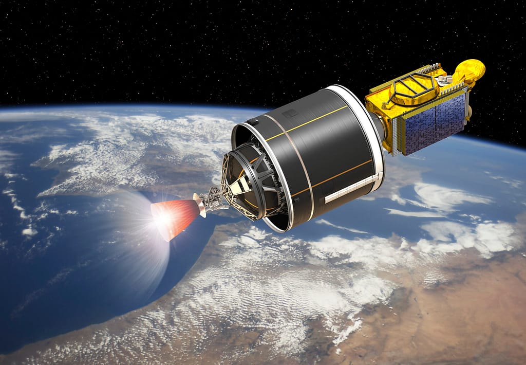 Impressão artística do estágio superior Phoebus para o conceito Ariane 6 em órbita. O estágio superior negro é mostrado acionando o motor Vinci para colocar um satélite em órbita.