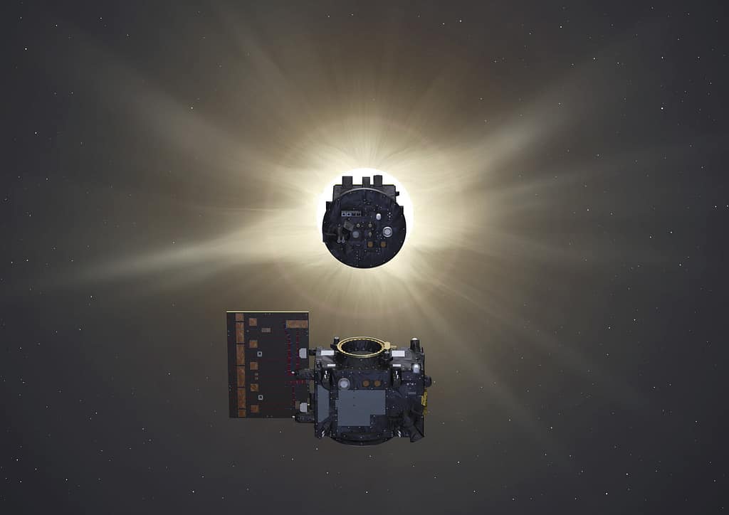 As duas espaçonaves da missão Proba-3 voam em formação precisa, a cerca de 150 metros de distância uma da outra, para formar um coronógrafo externo no espaço. Uma espaçonave oculta o Sol, permitindo que a outra estude a coroa solar, que normalmente é invisível.