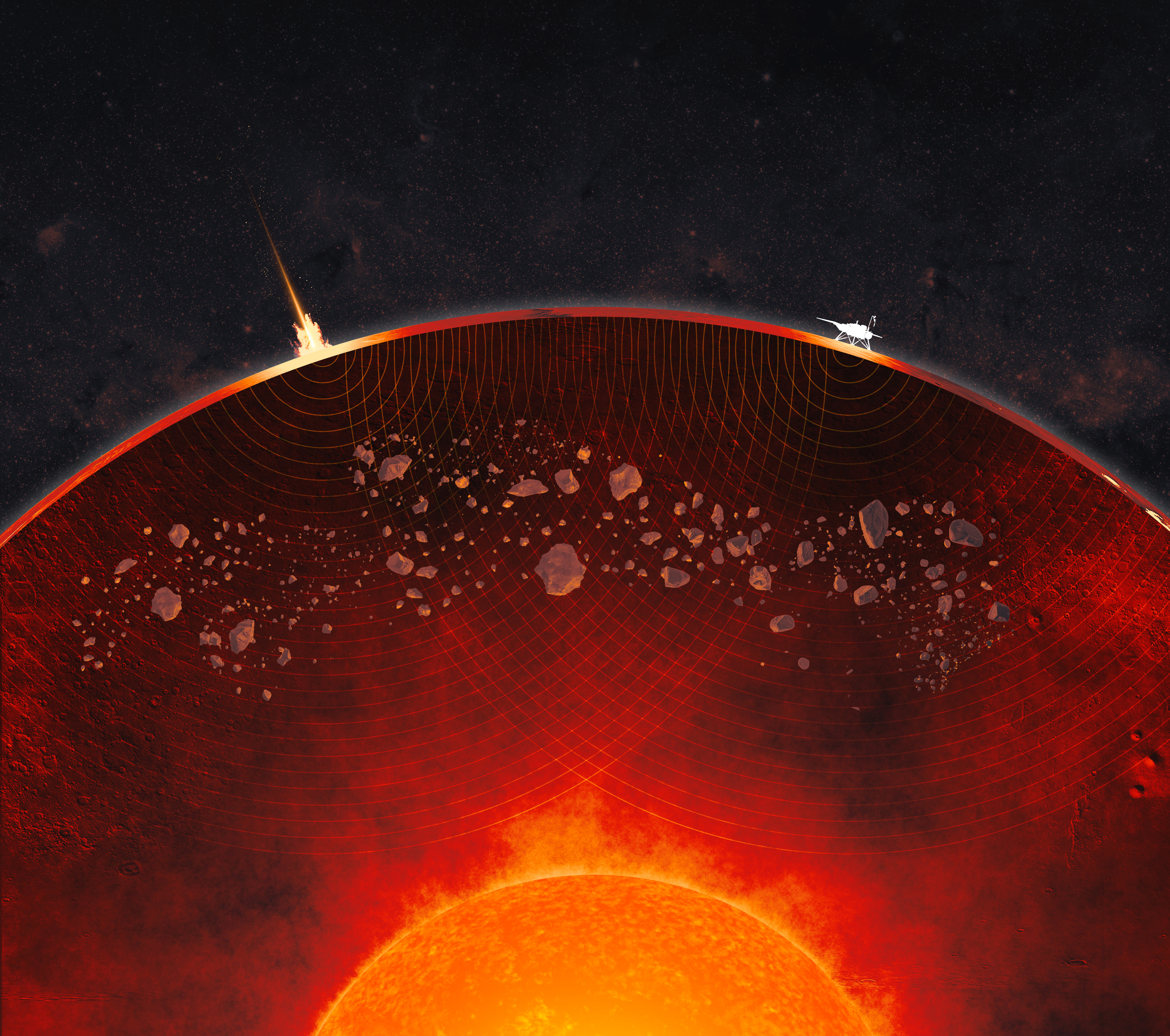 Nesta ilustração artística (fora de escala), um corte transversal de Marte revela detritos de antigos impactos espalhados pelo manto do planeta. À esquerda, na superfície, o impacto de um meteoroide envia sinais sísmicos pelo interior; à direita, está a sonda InSight da NASA.