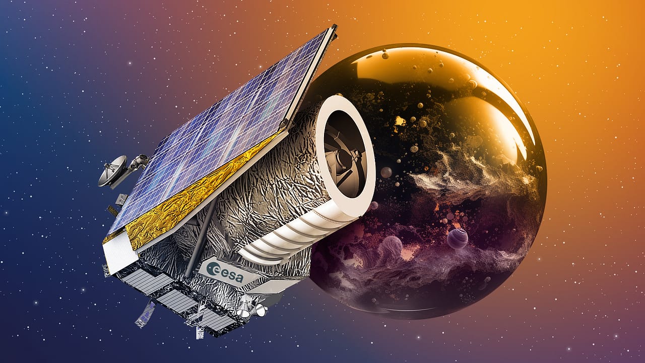 Ilustração Campos Profundos Observados pelo Euclid da ESA flutuando no espaço com seu painel solar em destaque, apontando para uma esfera cósmica vibrante que representa o universo escuro, repleta de nebulosas e exoplanetas ao fundo.
