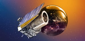 Ilustração Campos Profundos Observados pelo Euclid da ESA flutuando no espaço com seu painel solar em destaque, apontando para uma esfera cósmica vibrante que representa o universo escuro, repleta de nebulosas e exoplanetas ao fundo.