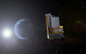 ilustração do telescópio espacial Euclid da ESA em órbita no ponto de Lagrange L2, com a Terra e o Sol ao fundo, observando o universo profundo para estudar matéria escura e energia escura.