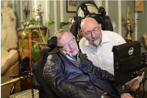 Kip Thorne e Stephen Hawking lado a lado, simbolizando dois gigantes da física teórica. Thorne,  e com um sorriso discreto, veste uma camisa branca, enquanto Hawking, sentado em sua cadeira de rodas, observa atentamente o ambiente ao seu redor. Juntos, eles revolucionaram nosso entendimento sobre buracos negros e o universo.