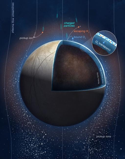 Ilustração científica mostrando a estrutura interna da lua Europa, de Júpiter. A imagem exibe uma seção cortada revelando a crosta de gelo, um oceano subterrâneo e o núcleo rochoso. Ao redor da lua, partículas carregadas e íons são representados interagindo com a superfície. Um destaque circular mostra o possível transporte de oxigênio através do gelo.