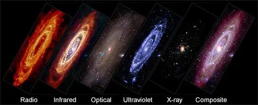 A galáxia de Andrômeda (M31) aparece aqui em diferentes tipos de luz — dos raios-X às ondas de rádio — graças à colaboração entre vários telescópios espaciais e terrestres. A composição revela detalhes invisíveis a olho nu e homenageia décadas de observação astronômica.
Créditos: NASA, ESA, STScI, JPL-Caltech, UMass, GALEX, WISE, Spitzer, Herschel, Planck, IRAS, COBE, GBT, WSRT, IRAM e astrofotógrafos parceiros.
Se quiser, posso deixar ele ainda mais compacto ou ajustar conforme o tom da sua página