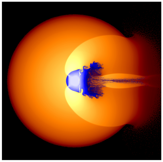 Um planeta em colisão atinge o núcleo de Júpiter nas simulações, gerando ondas de choque e mistura turbulenta dos materiais.
📸 Crédito: Thomas Sandnes/Durham University